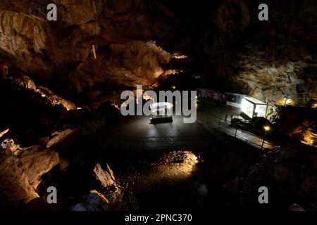 Una ricostruzione scheletrica è visibile al pubblico nella Sala dell’Orso, o sala dell’orso della milza. La grotta di Bossea fu la prima meta turistica italiana ca Foto Stock