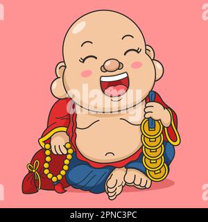 Carino cinese nuovo anno Fortune God Laughing Buddha tenendo monete e borsa Illustrazione Vettoriale