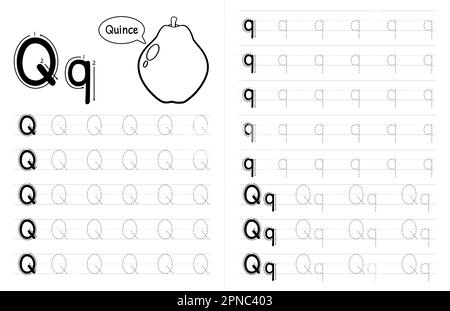 ABC Alphabets Tracing Book Interior per bambini. Bambini scrivere foglio di lavoro con immagine. Elementi vettoriali premium lettera Q. Illustrazione Vettoriale