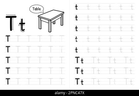 ABC Alphabets Tracing Book Interior per bambini. Bambini scrivere foglio di lavoro con immagine. Elementi vettoriali premium lettera T. Illustrazione Vettoriale
