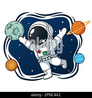 Astronauta con pianeti nello spazio Illustrazione Vettoriale