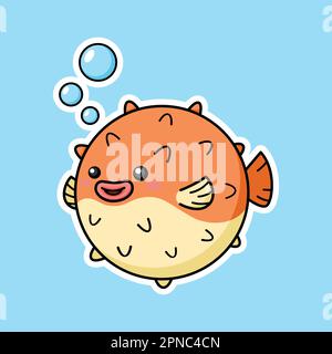 Grafica carino Fugu Puffer Fish Cartoon Character Premium Vector in stile adesivi Illustrazione Vettoriale