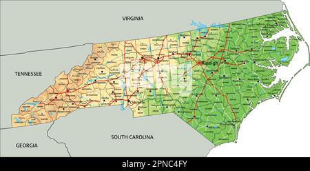 Mappa fisica del North Carolina dettagliata con etichettatura. Illustrazione Vettoriale