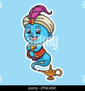 Carino Genie Cartoon personaggio Premium Vector Grafica in stile adesivi Illustrazione Vettoriale