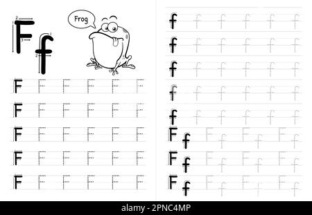 ABC Alphabets Tracing Book Interior per bambini. Bambini scrivere foglio di lavoro con immagine. Elementi vettoriali Premium lettera F. Illustrazione Vettoriale