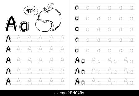 ABC Alphabets Tracing Book Interior per bambini. Bambini scrivere foglio di lavoro con immagine. Elementi vettoriali premium lettera A. Illustrazione Vettoriale