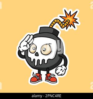 Grafica carino Skull Face Bomb Cartoon Character Premium Vector in stile adesivi Illustrazione Vettoriale