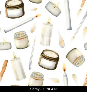 Diversi cadaveri acquerelli motivo senza cuciture su sfondo bianco. Candele bianche arancioni brucianti per aromaterapia Foto Stock