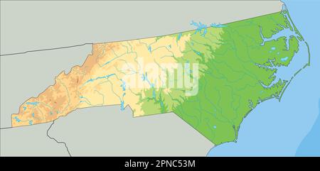 Mappa fisica del North Carolina ad alto dettaglio. Illustrazione Vettoriale