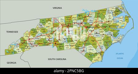 Mappa politica modificabile estremamente dettagliata con livelli separati. Carolina del Nord. Illustrazione Vettoriale