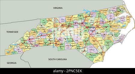 North Carolina - mappa politica modificabile molto dettagliata con etichettatura. Illustrazione Vettoriale
