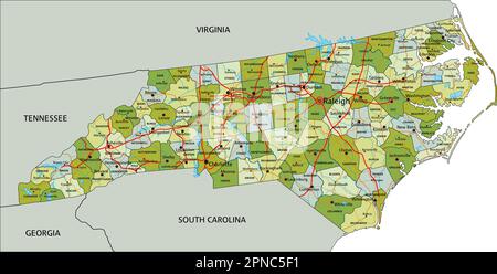 Mappa politica modificabile estremamente dettagliata con livelli separati. Carolina del Nord. Illustrazione Vettoriale