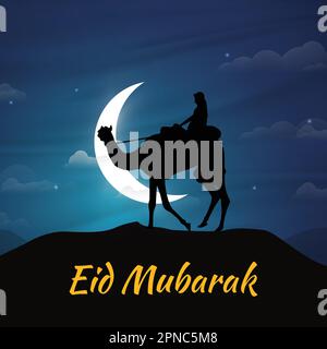 EID Mubarak design con primo piano di un cammello pilota e la luna in montagne desertiche. Schema colore blu arancione per biglietti d'auguri, post sui social media Illustrazione Vettoriale