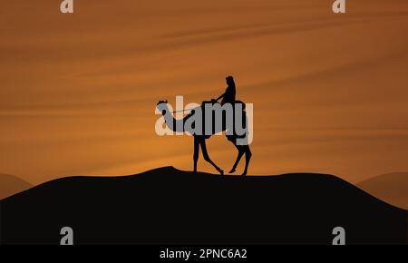 Illustrazione paesaggistica di un turista in un giro in cammello in Medio Oriente. Splendido design caratterizzato da un punto turistico arabo. Bellezza naturale del deserto Illustrazione Vettoriale