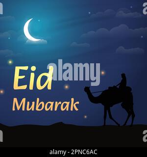 EID Mubarak vettore illustrazione con un cammello cavaliere nella notte del deserto con lucciole incandescente intorno. Design perfetto per concetti islamici, post, card Illustrazione Vettoriale
