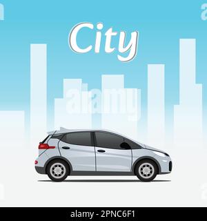 3d illustrazione piatta di una macchina cartoonista realistica in città. Pulito paesaggio urbano con veicolo. design a forma quadrata. Illustrazione Vettoriale