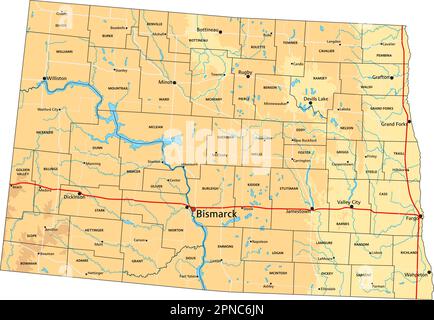 Mappa fisica del North Dakota estremamente dettagliata con etichettatura. Illustrazione Vettoriale