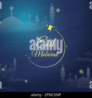 EID Mubarak Social Media Post, Greeting Card Design con farfalle illuminate, FireFlies circostante Eid Typography, Mosques schema di colore blu. Illustrazione Vettoriale