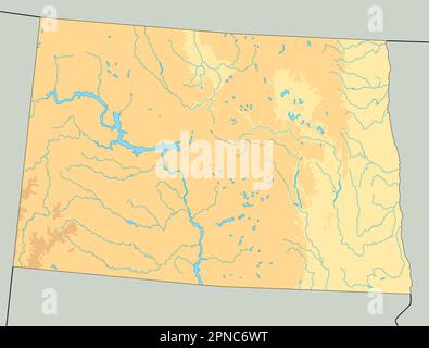 Mappa fisica del North Dakota estremamente dettagliata. Illustrazione Vettoriale