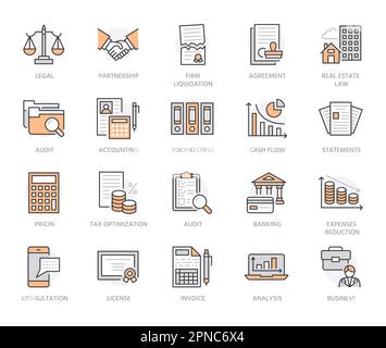 Icone flat line di contabilità finanziaria. Contabilità, ottimizzazione fiscale, libro paga, credito immobiliare, rapporto finanziario. Contabilità sottile segni lineari per Illustrazione Vettoriale