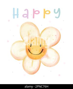 cute felice smiley daisy fiore acquerello pittura a mano illustrazione per l'idea di biglietto di auguri. Illustrazione Vettoriale