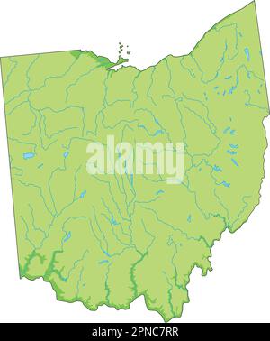 Mappa fisica dell'Ohio ad alta dettaglio. Illustrazione Vettoriale