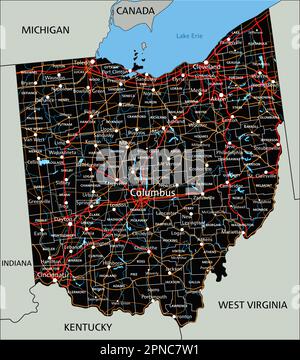 Mappa stradale dell'Ohio dettagliata con etichettatura. Illustrazione Vettoriale