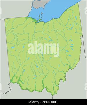 Mappa fisica dell'Ohio ad alta dettaglio. Illustrazione Vettoriale