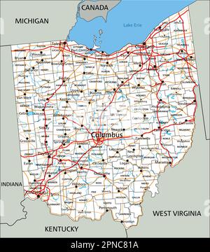 Mappa stradale dell'Ohio dettagliata con etichettatura. Illustrazione Vettoriale