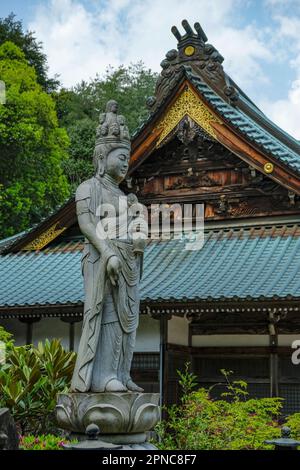 Hatsukaichi, Giappone - 17 aprile 2023: Particolare del tetto del Tempio Daisho-in, è un tempio buddista situato sull'isola di Miyajima, Giappone. Foto Stock