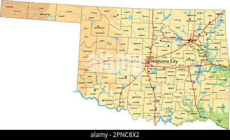 Mappa fisica dell'Oklahoma dettagliata con etichettatura. Illustrazione Vettoriale