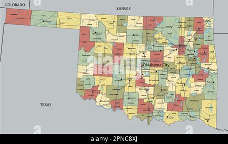 Oklahoma - mappa politica modificabile molto dettagliata con etichettatura. Illustrazione Vettoriale