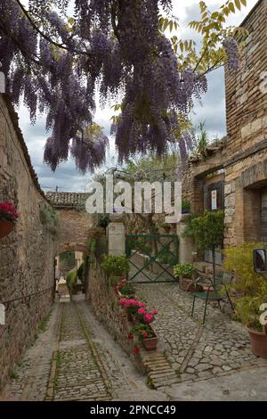 Incantevoli stradine fiorite del tipico villaggio italiano Foto Stock