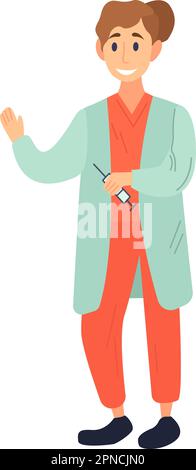 Infermiera sorridente con illustrazione della siringa in stile cartone animato a colori. Disegno grafico vettoriale modificabile. Illustrazione Vettoriale