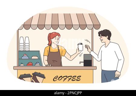 Uomo sorridente acquistare caffè takeaway in Street coffee shop da barista femminile. Happy ragazza servire ragazzo cliente fare espresso o cappuccino in caffetteria. Concetto di piccola impresa. Illustrazione vettoriale. Illustrazione Vettoriale