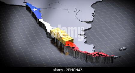 Mappa e bandiera del Cile, lingotti d'oro - illustrazione 3D Foto Stock