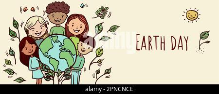 Happy Earth Day - banner disegnato a mano con bambini multietnici che promuovono la Giornata della Terra combattendo per l'ecologia. Illustrazione vettoriale colorata che mostra diversi ragazzi Illustrazione Vettoriale