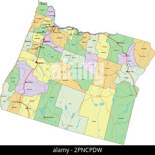 Oregon - Mappa politica modificabile molto dettagliata con etichettatura. Illustrazione Vettoriale