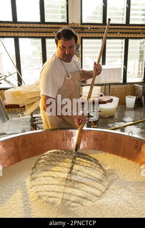 Produzione di Parmigiano Reggiano presso il caseificio Hombre, Modena, Emilia Romagna, Europa, Italia Foto Stock