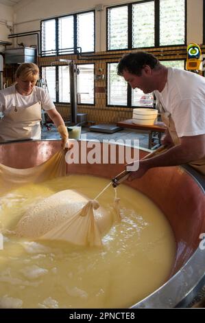 Produzione di Parmigiano Reggiano presso il caseificio Hombre, Modena, Emilia Romagna, Europa, Italia Foto Stock