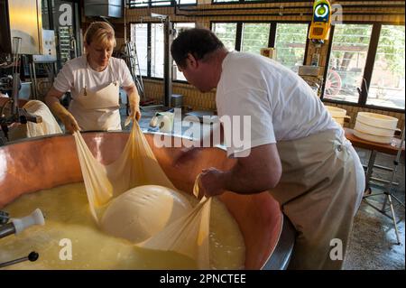 Produzione di Parmigiano Reggiano presso il caseificio Hombre, Modena, Emilia Romagna, Europa, Italia Foto Stock