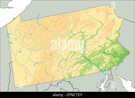 Mappa fisica della Pennsylvania ad alto dettaglio. Illustrazione Vettoriale