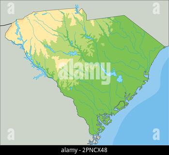 Mappa fisica del South Carolina dettagliata. Illustrazione Vettoriale