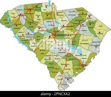 Mappa politica modificabile estremamente dettagliata con livelli separati. Carolina del Sud. Illustrazione Vettoriale