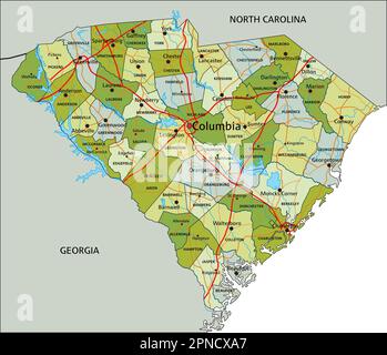 Mappa politica modificabile estremamente dettagliata con livelli separati. Carolina del Sud. Illustrazione Vettoriale