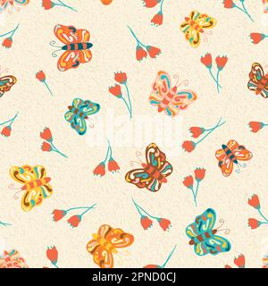 Modello vettoriale senza cuciture con farfalle e fiori confezionamento tessile. Illustrazione vettoriale Illustrazione Vettoriale