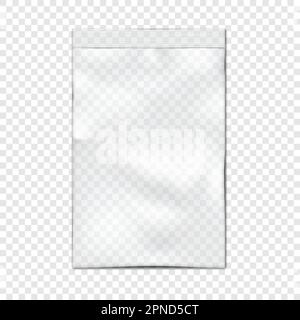 Custodia in vinile trasparente con zip su sfondo trasparente modello vettoriale. Busta di plastica vuota con chiusura a cerniera Illustrazione Vettoriale