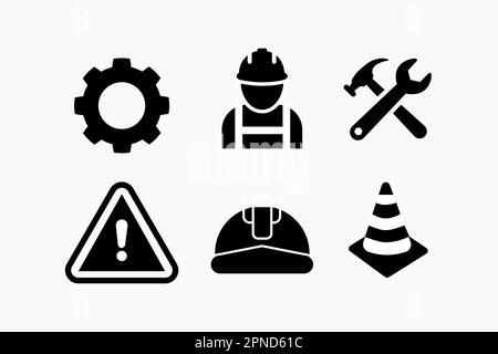 Icona di costruzione su sfondo bianco. Uomo da costruzione, casco, attrezzatura, attrezzi, icona con punto esclamativo in stile piatto. Illustrazione vettoriale. Illustrazione Vettoriale