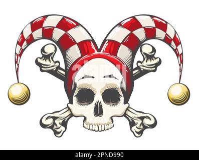 Tatuaggio del cranio umano in clown Cap disegnato in stile incisione isolato su sfondo bianco. Illustrazione vettoriale. Illustrazione Vettoriale