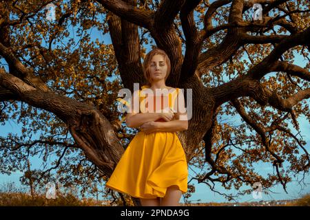 Bella donna ritratto rosso con libro vicino quercia albero in autunno Foto Stock